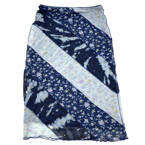 Urban Outfitter Blue Patchwork Floral Print Scallop Hem Mesh Midi Skirt M 26x27"